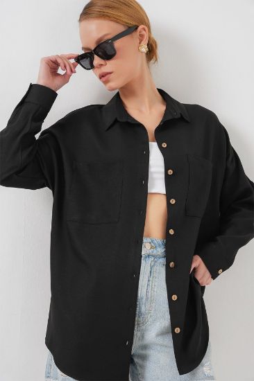 20126 Oversize Keten Gömlek - Siyah resmi